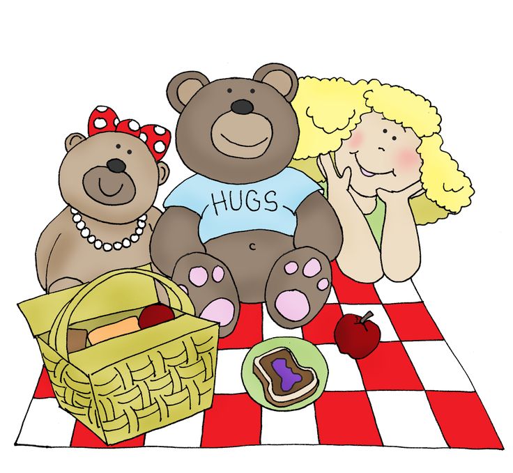 three teddy bears are sitting on a picnic blanket