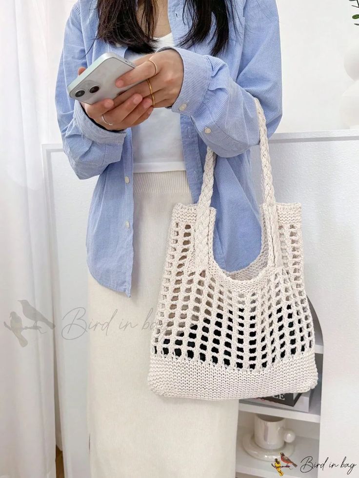 Bird in Bag - Minimalist Large Capacity Hollow Out Beach Bag, Polyester Double Handle Large Capacity Storage Casual White Rectangular Crochet Bag, Casual White Crochet Rectangular Bag, Large Capacity Casual Beach Bag, Solid Color Beach Shoulder Bag, Casual Bucket Bag For Travel, White Casual Shoulder Beach Bag, Casual Summer Shoulder Bag, Casual White Shoulder Beach Bag, White Large Capacity Crochet Bag