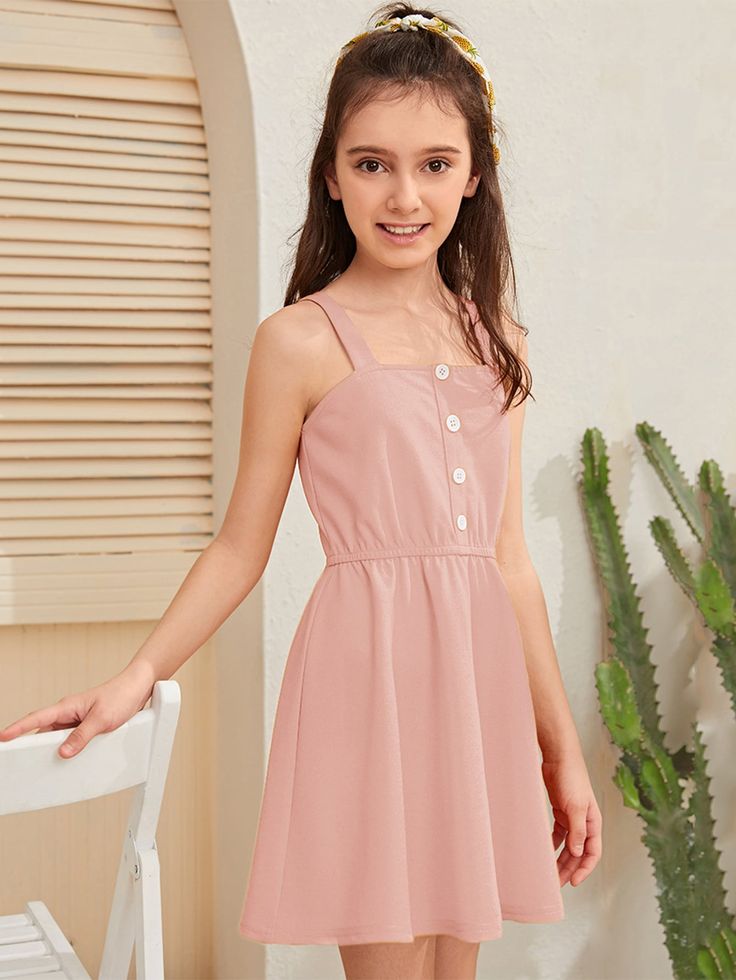 Girls Button Front Cami Dress | SHEIN USA Teen Graduation Dresses, Fall Fashion Skirts, Girls Dress Shop, Girls Dresses Online, Gaun Fashion, Clothes Pictures, Dress Images, Dress Picture, Girls Fashion Clothes