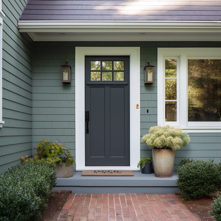 sage green exterior with a charcoal door in 2024 | Green house exterior ...