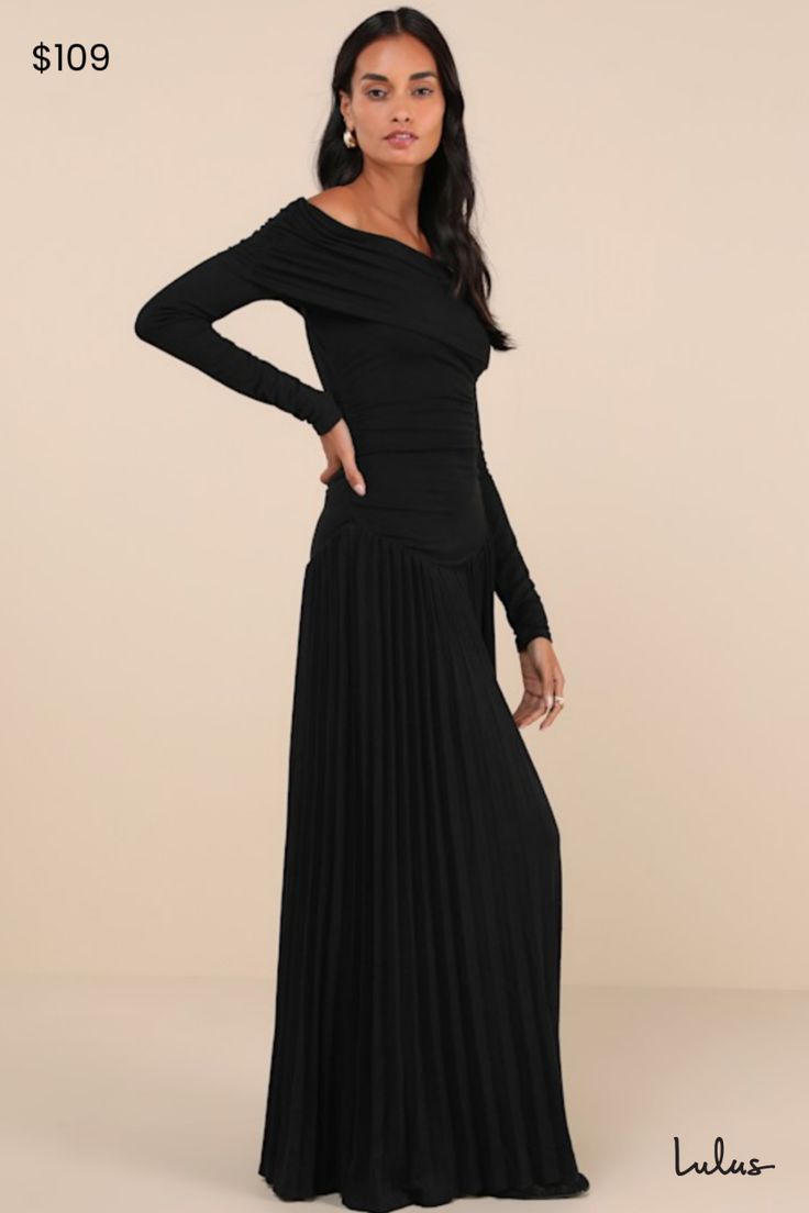 You'll exude effortless elegance no matter the occasion in the Lioness Field of Dreams Black Pleated Off-the-Shoulder Maxi Dress! Lightly textured, stretchy jersey knit shapes this iconic dress with an off-the-shoulder neckline and a fold-over detail that boasts ruching at the shoulders, framed by long sleeves. The figure-skimming silhouette features more ruching at the sides before falling to a pleated maxi skirt with a drop waist design. Fit: This garment fits true to size. Length: Floor lengt Puff Sleeve Maxi Dress, Black Pleated Dress, Field Of Dreams, Iconic Dresses, Pleated Maxi Skirt, Pleated Maxi, Sleeve Maxi Dress, Dropwaist Dress, Effortless Elegance