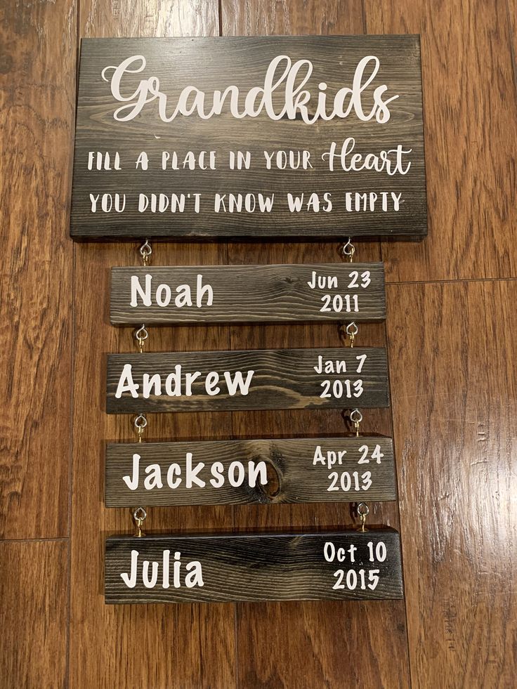 three wooden signs with names hanging from them on a wood floor in front of a door