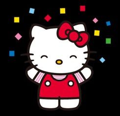 an image of a hello kitty in red dress with confetti around her neck