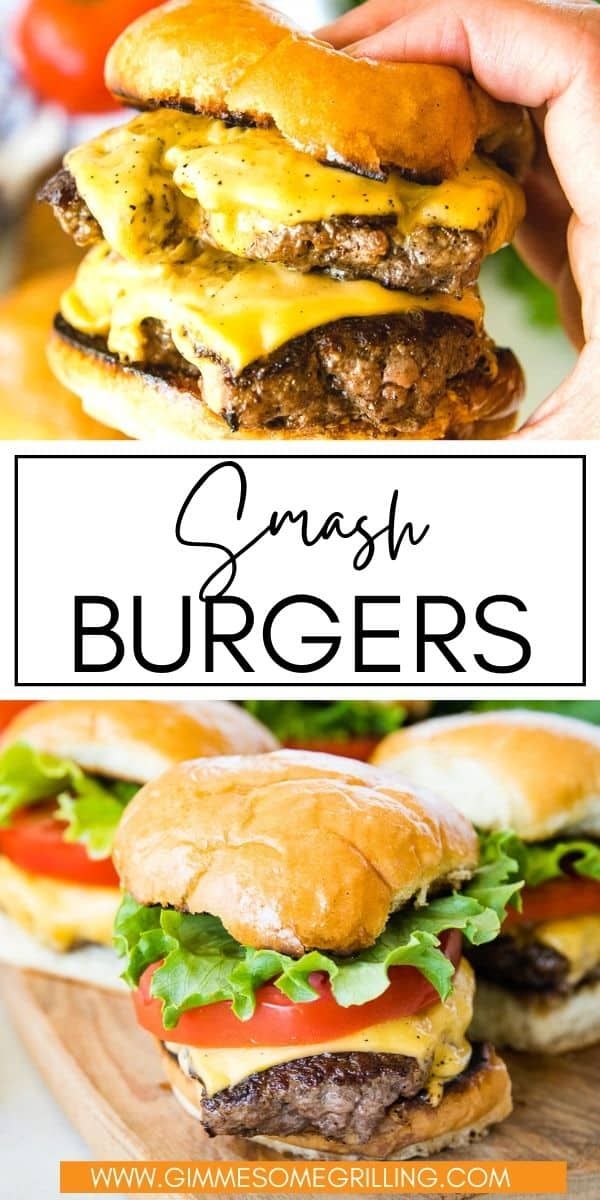 two cheeseburgers stacked on top of each other with the words smash burgers above them