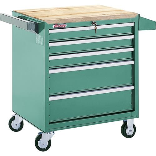 a green tool box on wheels with a wooden top and two drawers in the middle