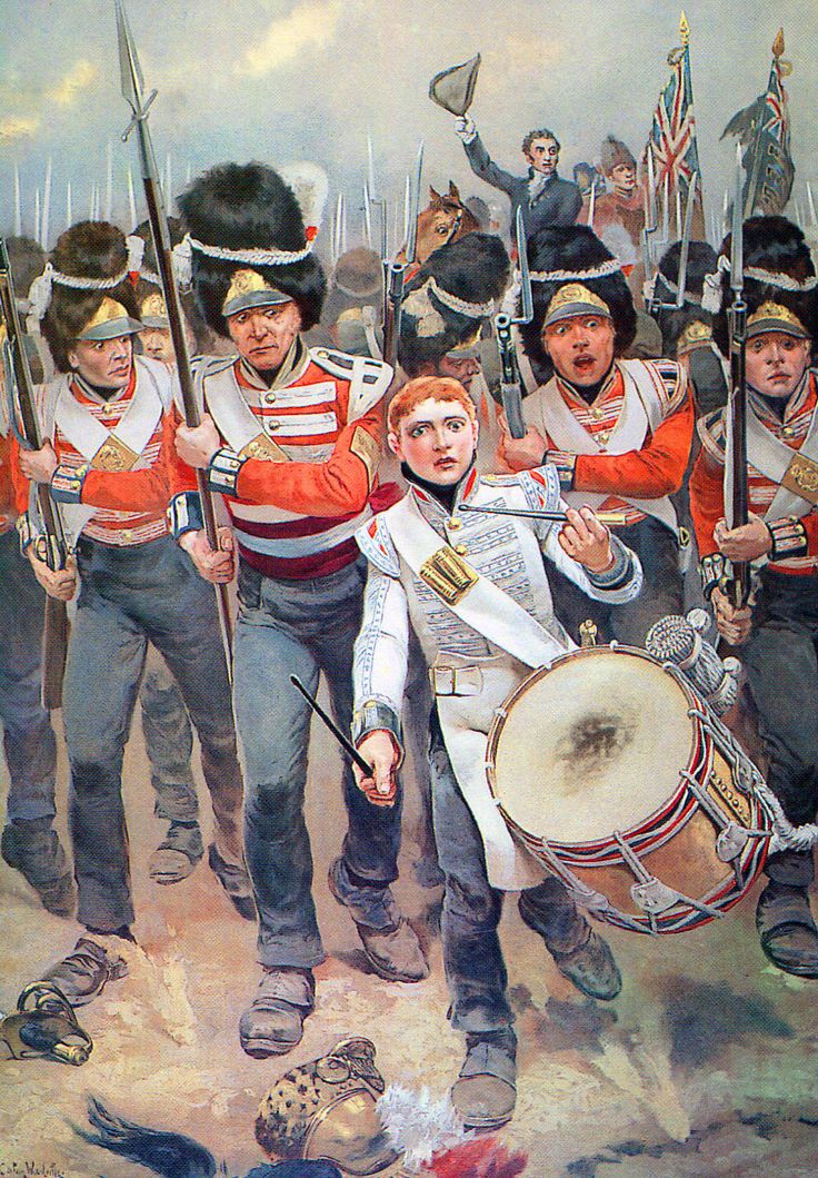 a painting of men in uniforms marching with drums