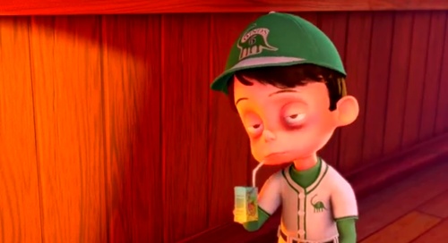 a cartoon baseball player holding a drink in his hand and wearing a green hat, standing next to a wood paneled wall