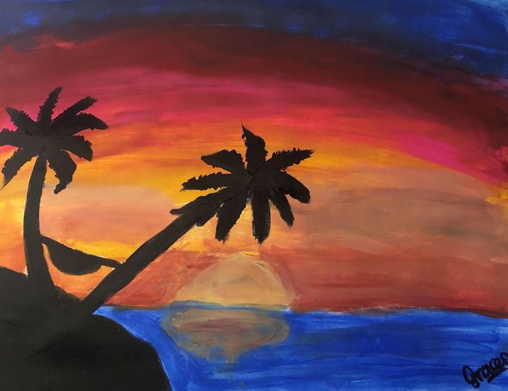 a painting of two palm trees in the sunset