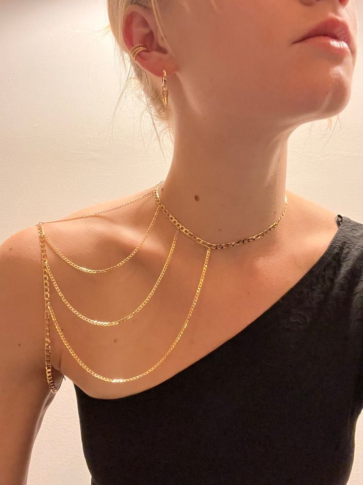 Shoulder Chain Choker - Etsy Elegant Gold Choker Body Jewelry, Gold Metal Choker Body Jewelry, Metal Clavicle Chain Body Jewelry Choker, Metal Chain Choker Body Jewelry, Metal Body Chain In Choker Shape, Shoulder Jewelry, Shoulder Chain, Chain Choker, Chains Jewelry