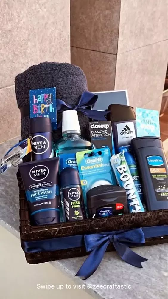 a basket filled with men's grooming items on top of a marble counter