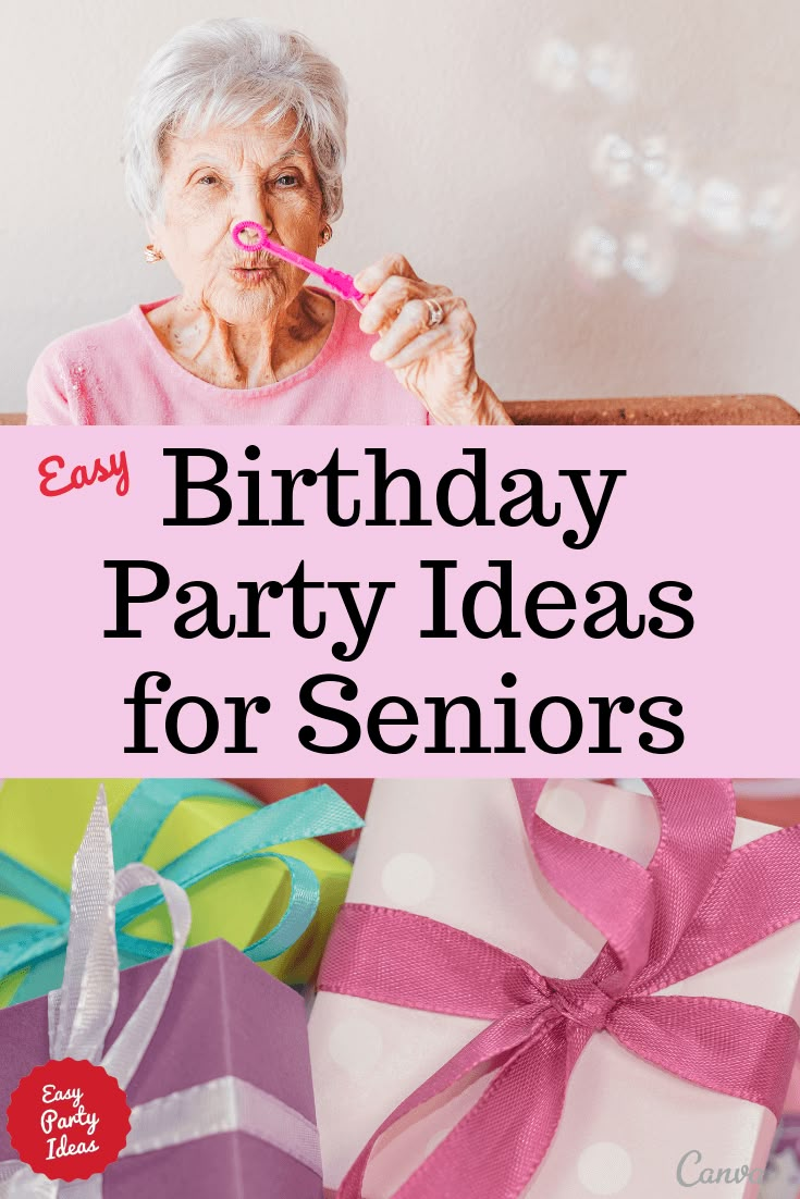 an older woman holding a pink toothbrush in her mouth with the words easy birthday party ideas for seniors