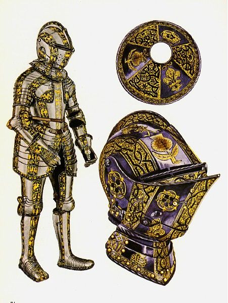 a drawing of a knight with armor and helmet next to it's own shield