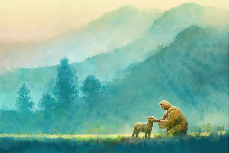 a painting of a man kneeling down with a lamb in front of him and mountains behind him