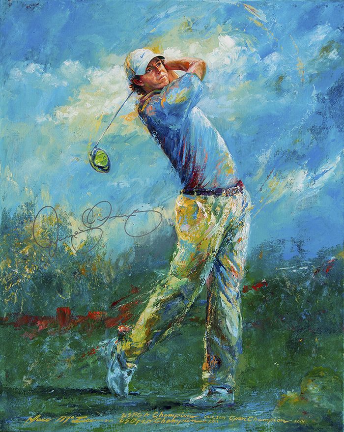 a painting of a man swinging a golf club at a ball with a dog nearby