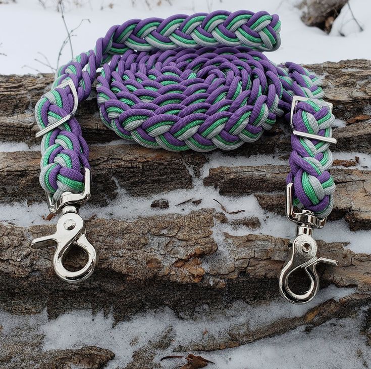 a purple and green rope with silver hooks on top of snow covered ground next to tree branches