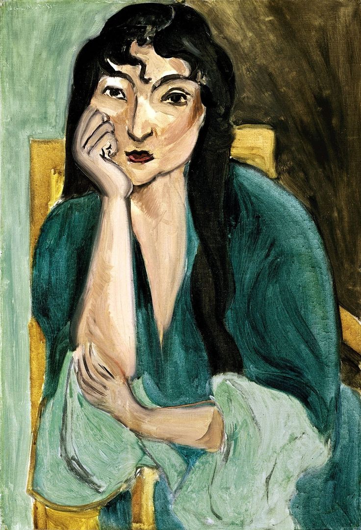 a painting of a woman sitting in a chair with her hand on her face and looking to the side