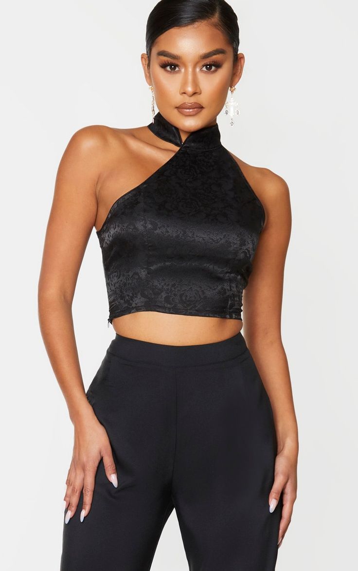 Black Satin High Neck Asymmetric Crop Top Pull Oversize, Asymmetric Neckline, Puff Long Sleeves, Satin Color, Sleeveless Bodysuit, Baddie Quotes, Weekend Wardrobe, Short Sleeve Cropped Top, Asymmetrical Tops