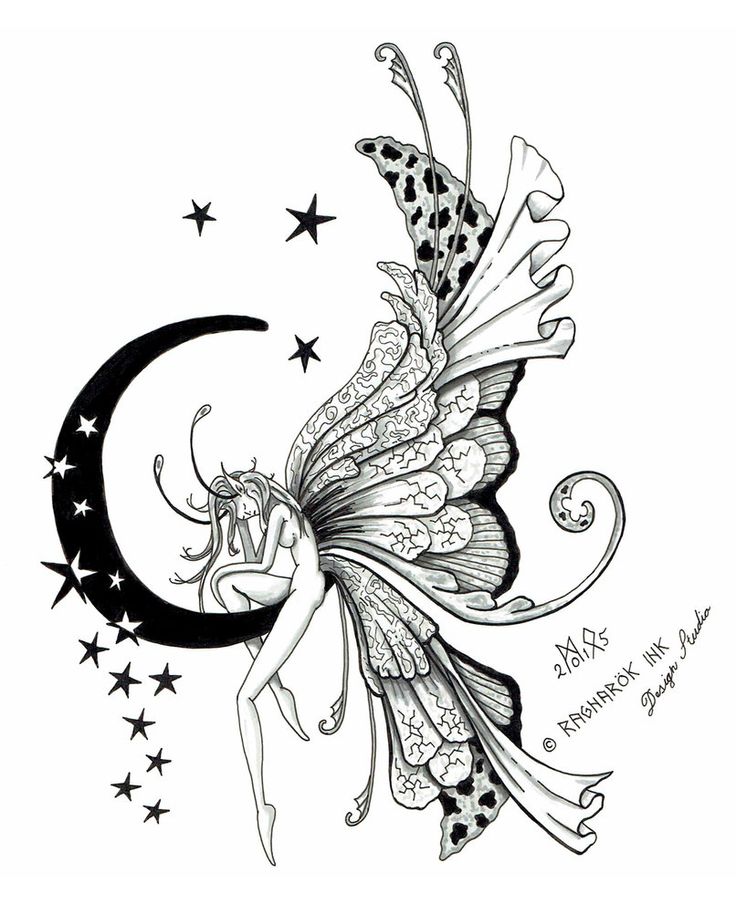 a black and white drawing of a fairy sitting on the moon with stars around it