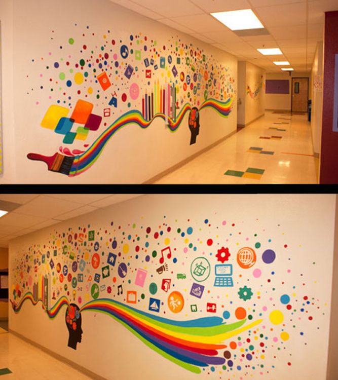 two walls with colorful designs on them in an office building, one is painted and the other is decorated