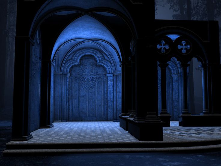 an empty gothic church with blue lighting