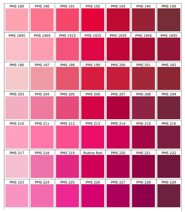 the pantone color chart is shown in red, pink and purple colors with different shades