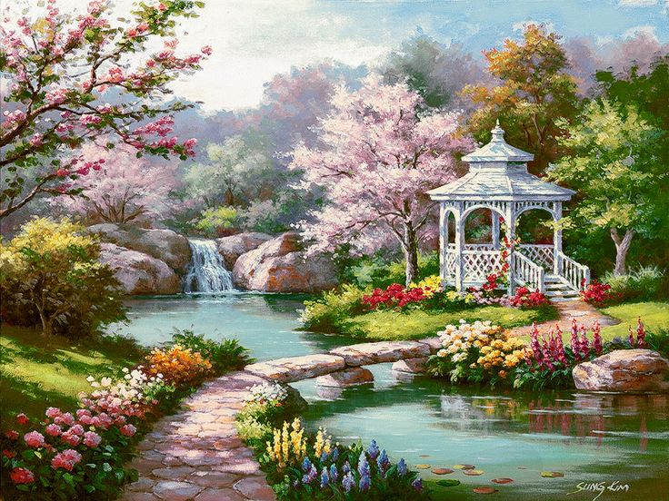 a painting of a garden with flowers and a gazebo in the middle of it