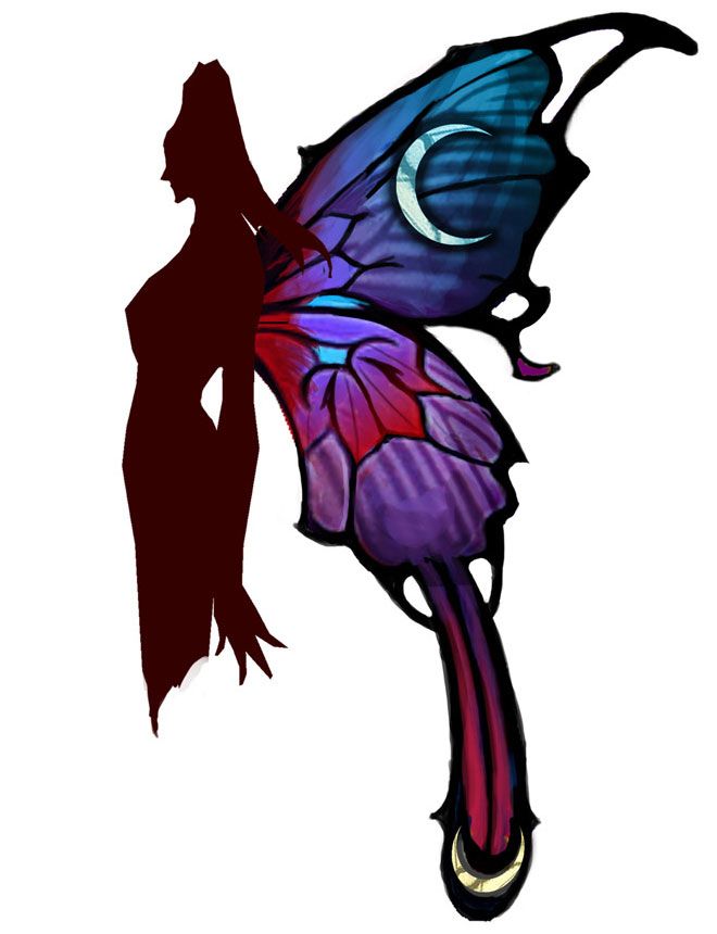 the silhouette of a woman with a butterfly on her shoulder, and one wing extended