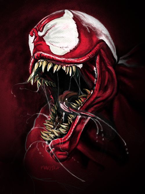 a painting of a red alien with sharp teeth