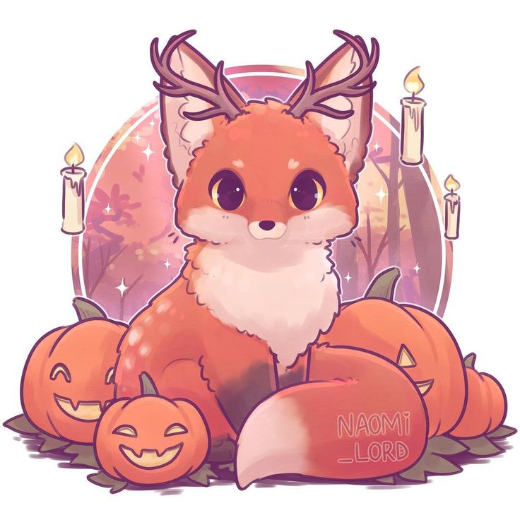 a cute little fox surrounded by pumpkins and candles