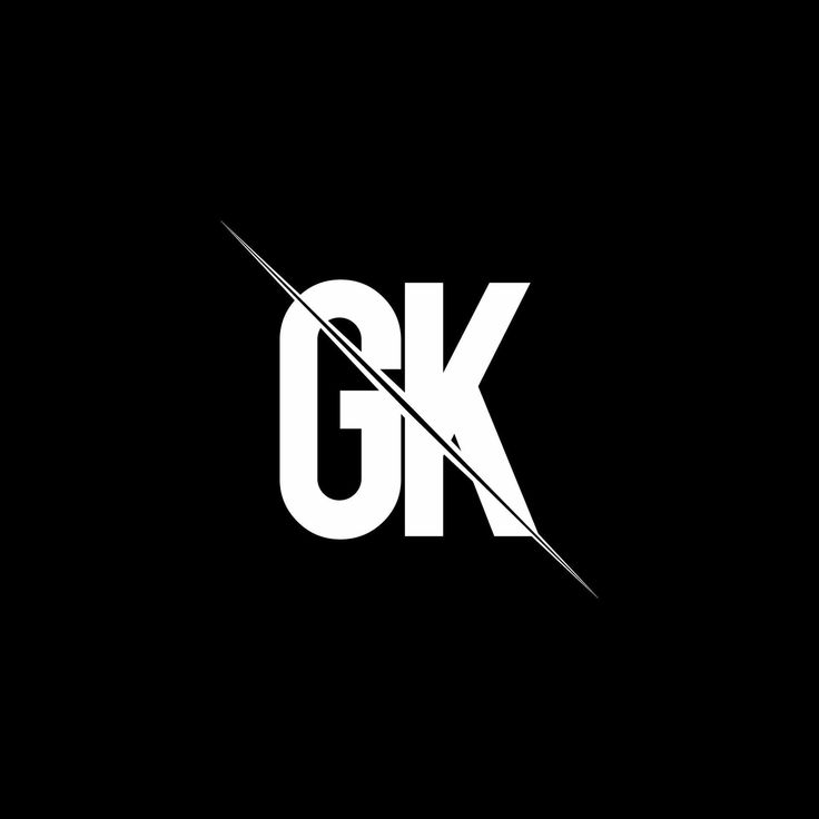 the letter gk is made up of white letters and black background with an arrow