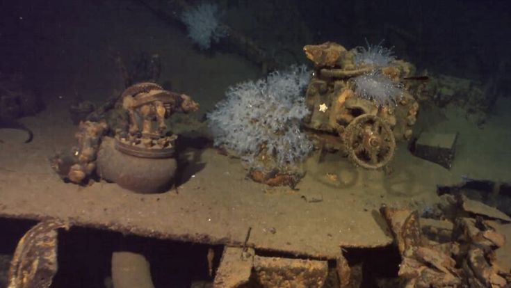 an old ship with rusted parts on the bottom and seaweed growing out of it