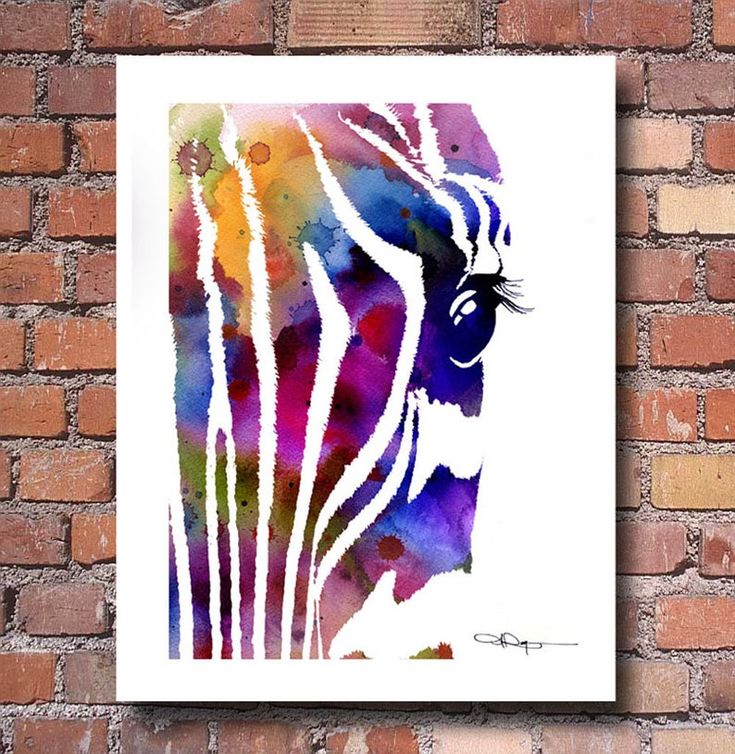 a watercolor painting of a zebra's head on a brick wall with bricks