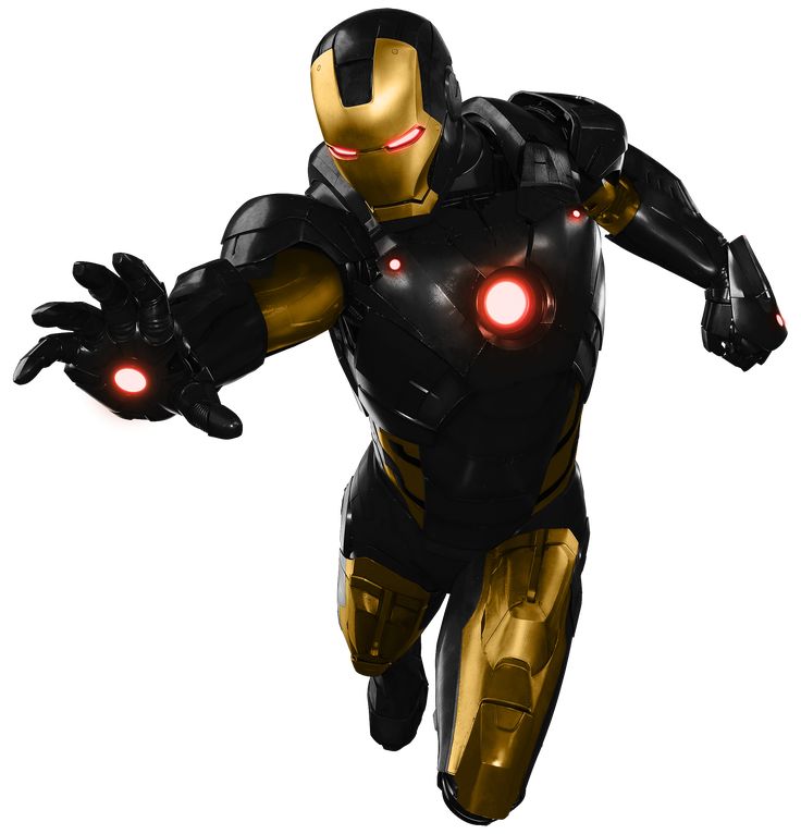 an iron man running with his arms out and glowing red eyes in front of him