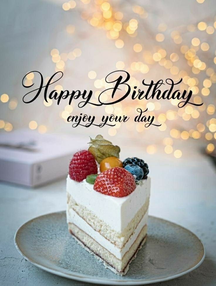 a happy birthday card with a slice of cake and berries