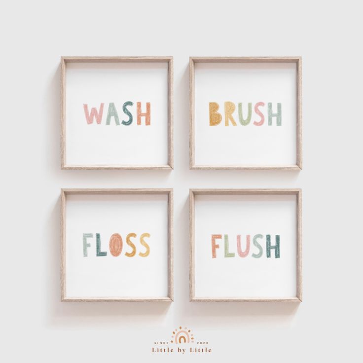 four framed pictures with the words wash, floss and brush in different colors on them