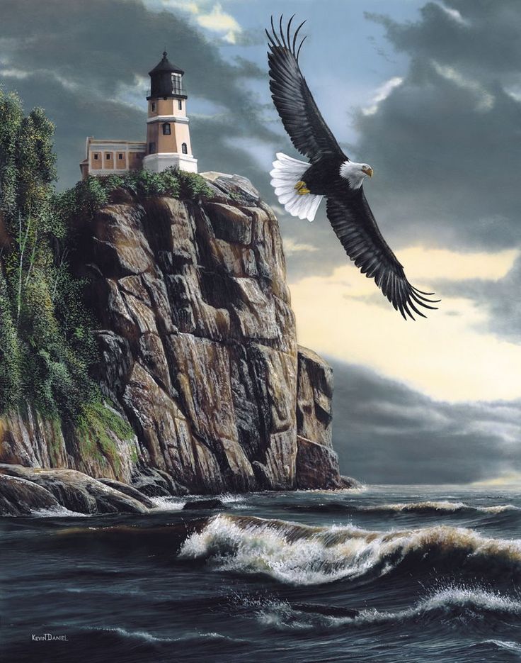 an eagle flying over the ocean next to a lighthouse on top of a rocky cliff