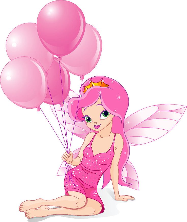 a pink fairy sitting on the ground with balloons