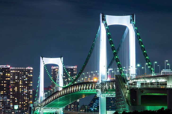 the bridge is lit up at night and has many lights on it's sides