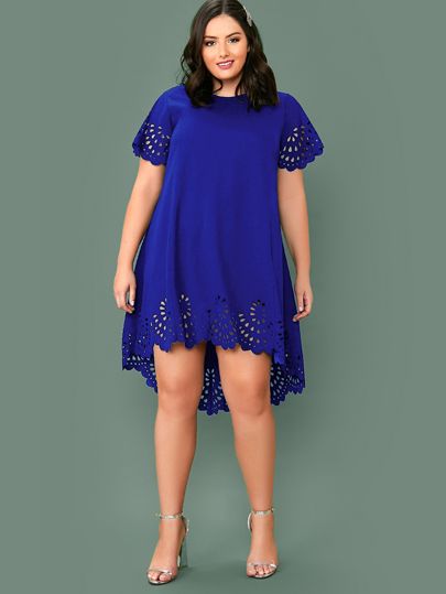 PLUS SHEIN dresses SHEIN blue dresses SHEIN blue knee length dresses SHEIN blue casual all season dresses SHEIN blue Laser Cut  dresses Cut Dresses, Bishop Sleeve Dress, Lace A Line Dress, Blue Laser, Pleated Shirt Dress, Dresses Shein, African Fashion Modern, Scallop Edge, Shein Dress