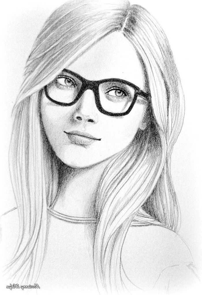 a pencil drawing of a woman with glasses on her face and long blonde hair, looking to the side