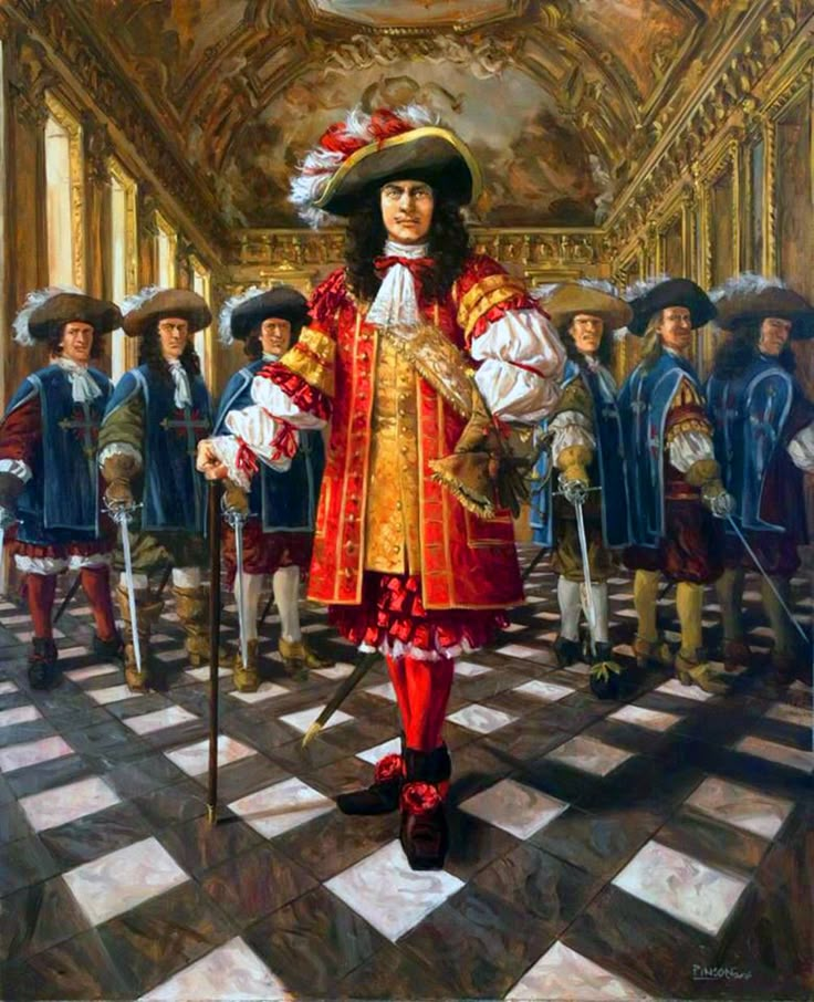 a painting of a man dressed in red and gold with other men standing around him