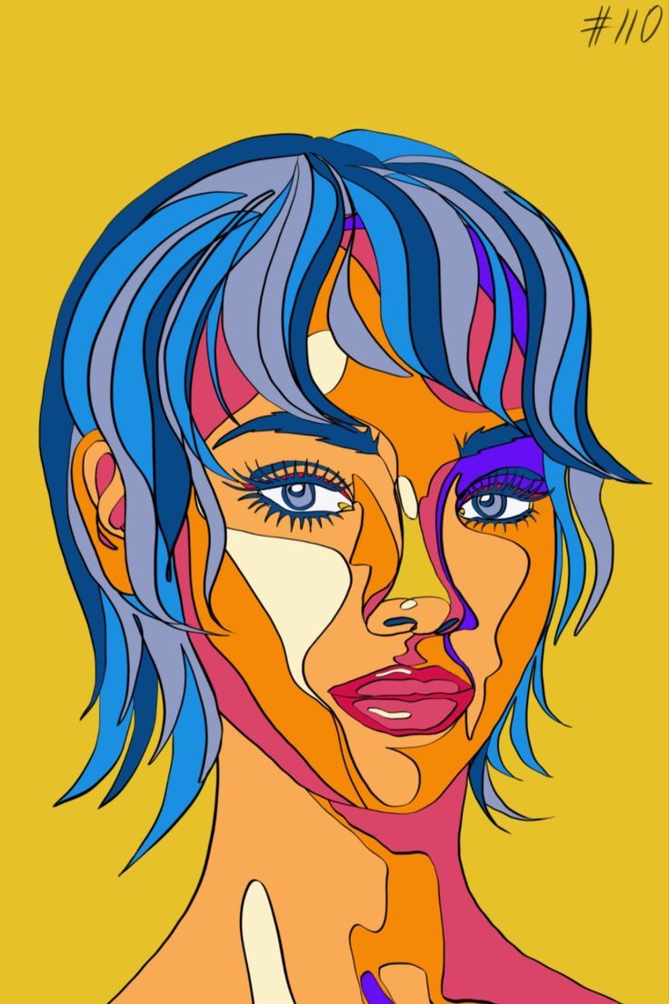 a painting of a woman with blue hair and pink lipstick on her face, in front of a yellow background