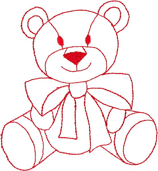 a teddy bear with a bow on it's head is shown in red thread