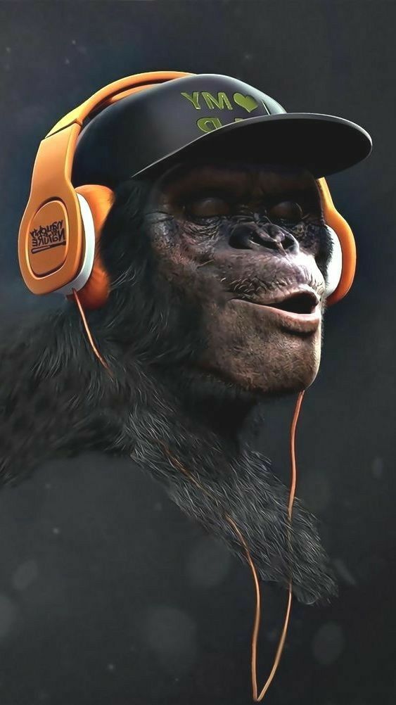 a monkey wearing headphones and a hat with ear phones on it's ears