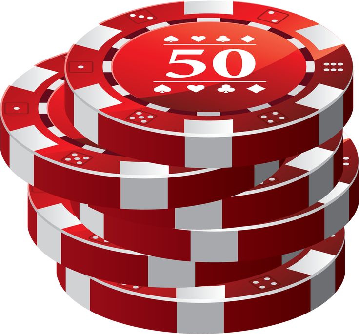 a stack of red casino chips with the number 50 on top in front of it