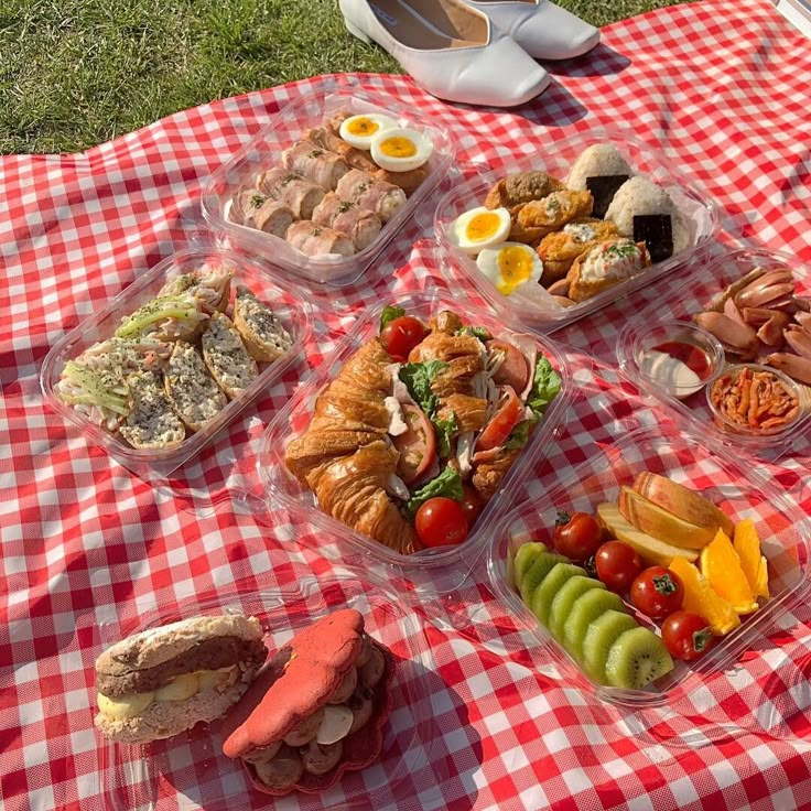 a red and white checkered picnic blanket with food in plastic containers sitting on top of it