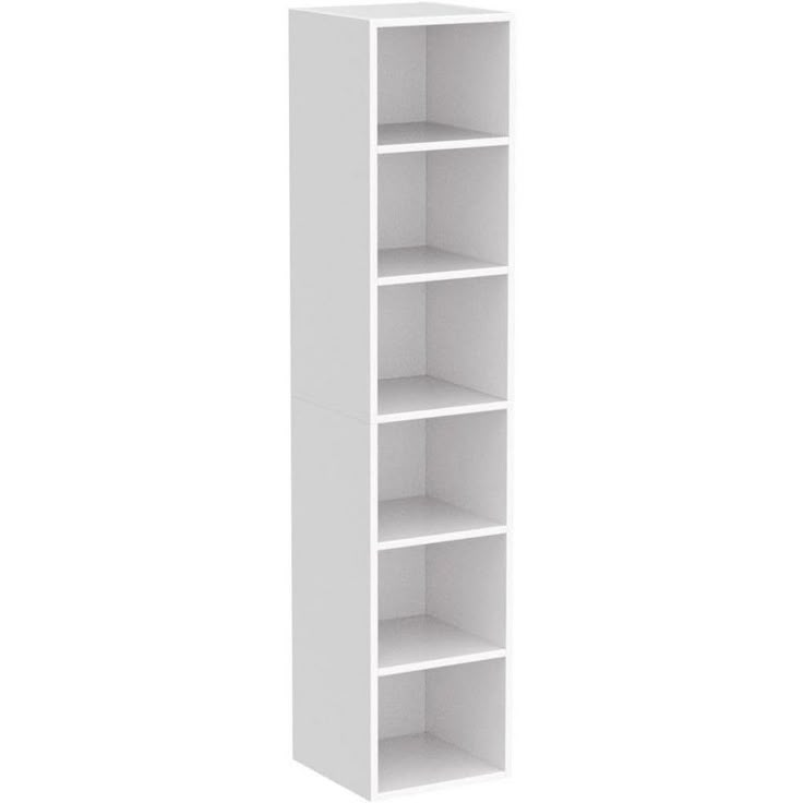 a tall white shelf with five shelves on each side