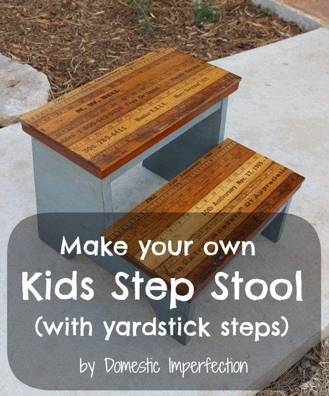 a step stool made out of wood sitting on top of a cement slab with words that read make your own kids'step stool with yardstick steps