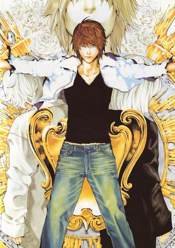 an anime character is standing in front of a golden chair with his hands on his hips