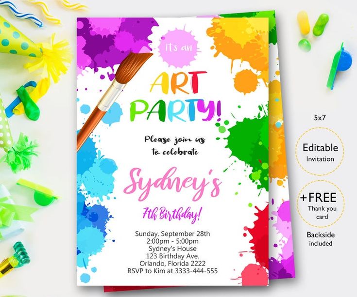 an art party flyer with paint splattered on it